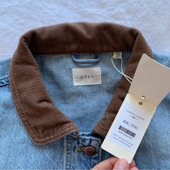 NWT Doen Pascual Cotton Denim Jean Corduroy Collar Barn Jacket Deveraux Wash - Picture 11 of 14